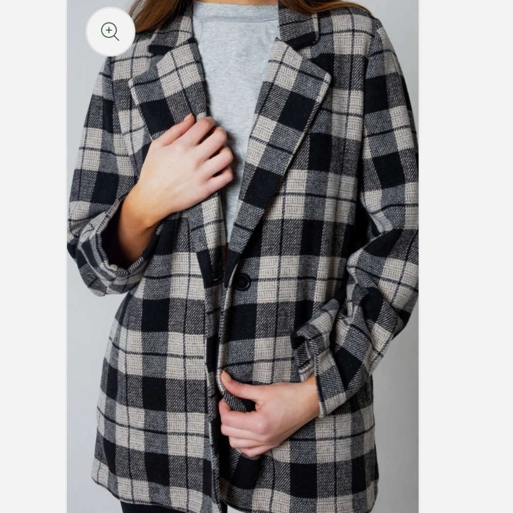 Fornia Black Grey Checkered Plaid Tweed Jacket Large Button Up Fall Winter Cozy